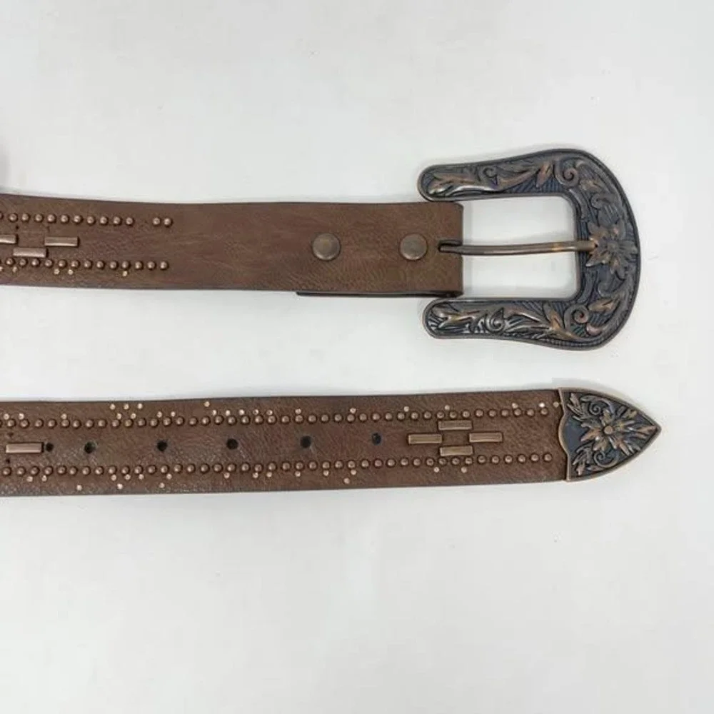 Cowgirl Tuff Western Belt Womens 2X Brown Leather Metal Studs Copper Buckle